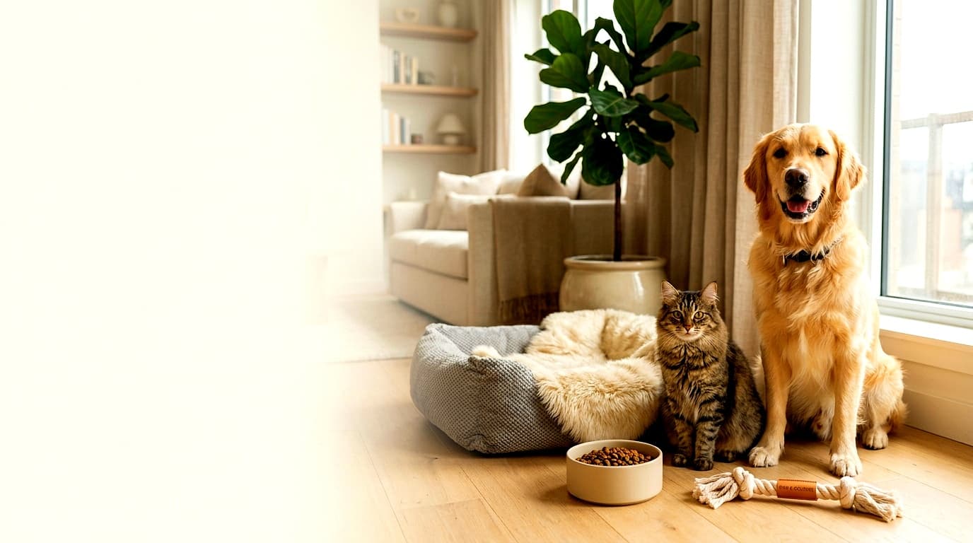 Happy golden retriever and tabby cat sitting together in a bright, cozy modern boutique apartment