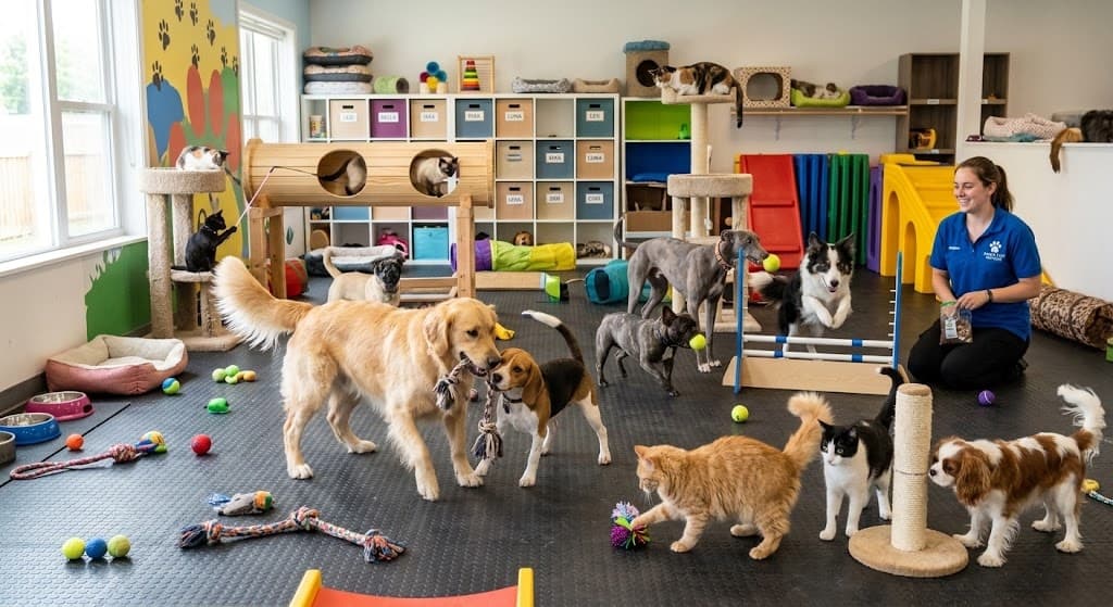 Pets enjoying playful enrichment and agility equipment in our boutique daycare playroom