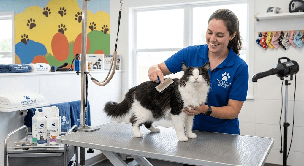 Pet groomer gently styling and brushing a cat in our boutique salon